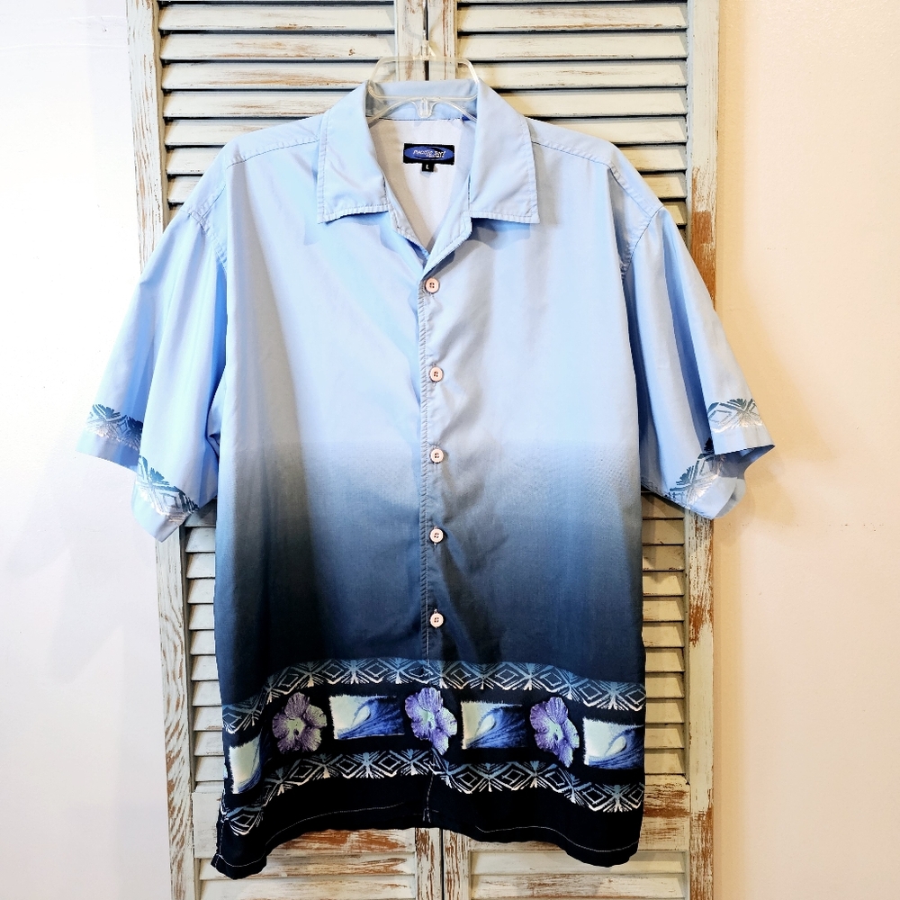 PACIFIC SURF FREEWEAR HAWAIIAN BUTTON UP SHIRT Mens Lg Blue Floral Short Sleeve